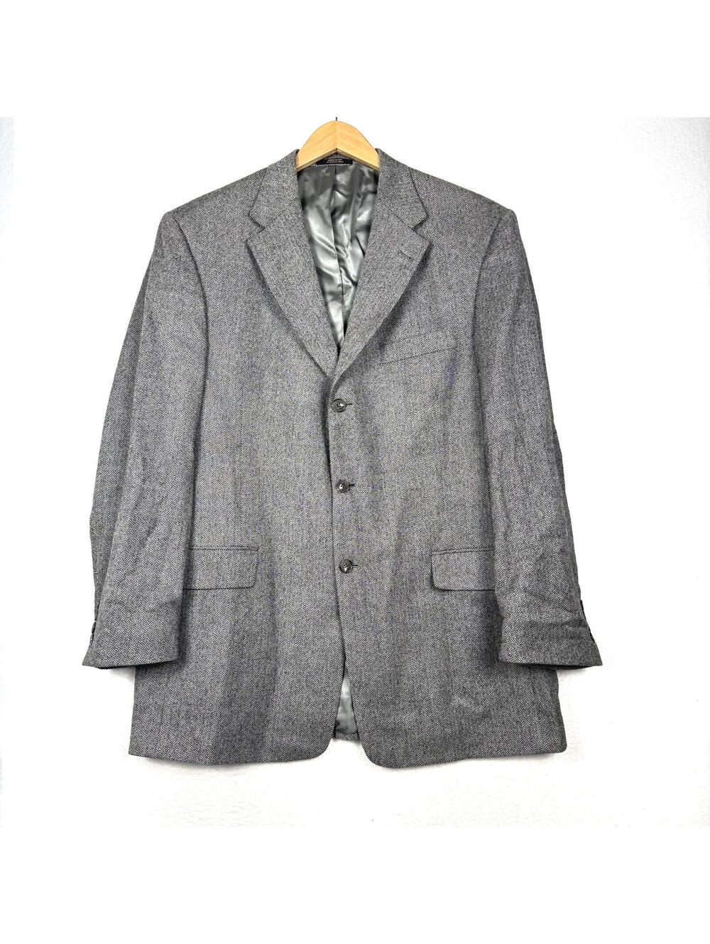 Vintage Hart Schaffner Marx 44L 3 Button Gray Herringbone Wool Sport Coat Blazer
